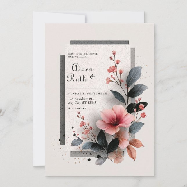 Invitación Boda Floral Moderna Abstracta Rosa Oscuro (Anverso)