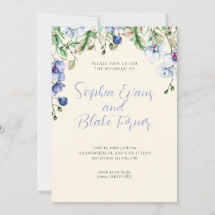 Invitación Boda floral moderna azul, blanca y verde con amari