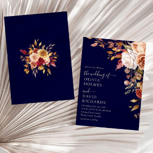 Invitación Boda Floral Moderna Boho Azul Marino Naranja Quema
