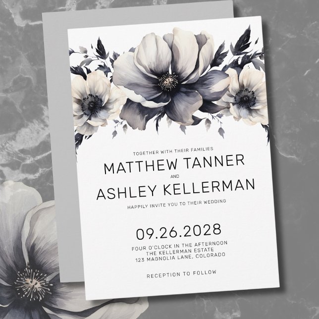 Invitación Boda Floral Moderna Boho Negra Blanca (Unique Boho Black White Watercolor Floral Wedding Invitation)