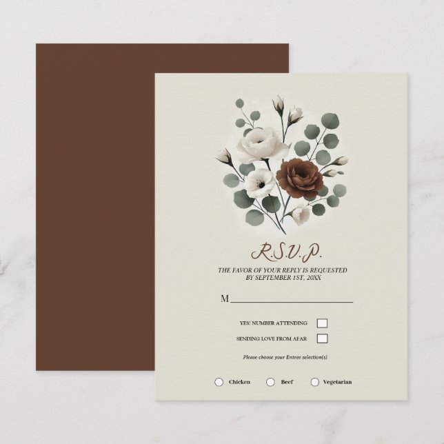 Invitación Boda floral moderna con crema de mocha blanca RSVP (Anverso / Reverso)