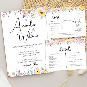 Invitación Boda floral moderna de mostaza amarilla y lavanda