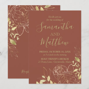 Invitación Boda floral moderna de peonía de terracota y oro