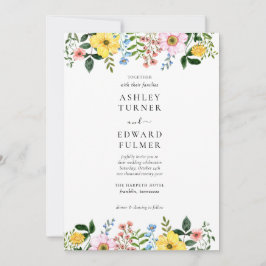 Invitación Boda floral moderna de primavera en amarillo, azul