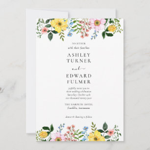 Invitación Boda floral moderna de primavera en amarillo, azul