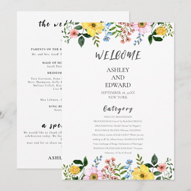 Invitación Boda floral moderna de primavera en amarillo, azul (Anverso / Reverso)