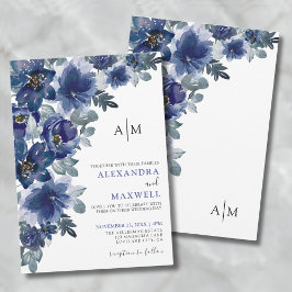 Invitación Boda floral moderna elegante azul marino