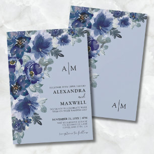 Invitación Boda Floral Moderna Elegante Azul Polvo
