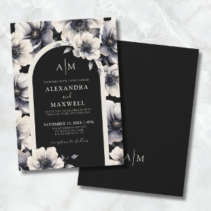 Invitación Boda Floral Moderna Elegante Blanca Negra