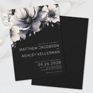 Invitación Boda Floral Moderna Elegante Blanca Negra
