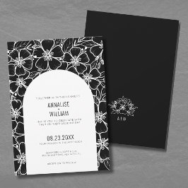 Invitación Boda Floral Moderna Elegante de Blanco y Negro