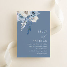 Invitación Boda floral moderna en azul polvoriento y blanco