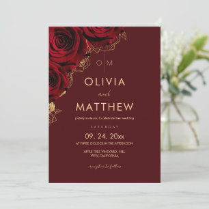 Invitación Boda floral moderna en rojo borgoña y dorado