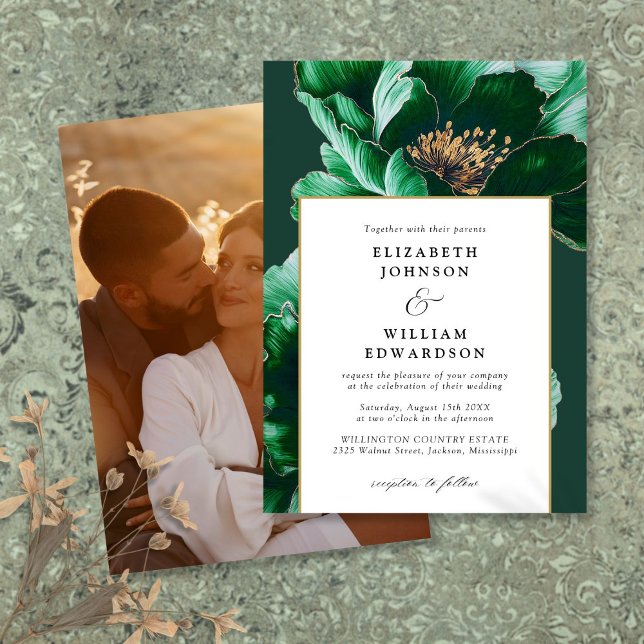 Invitación Boda floral moderna esmeralda verde y dorado (Modern Emerald Green And Gold Floral Photo Wedding Invitation)