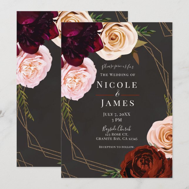 Invitación Boda Floral Moderna Marrón y Dorado Rústica (Anverso / Reverso)