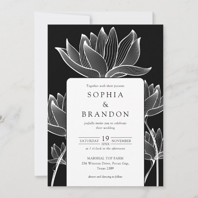 Invitación Boda floral moderna todo en uno en blanco y negro (Anverso)