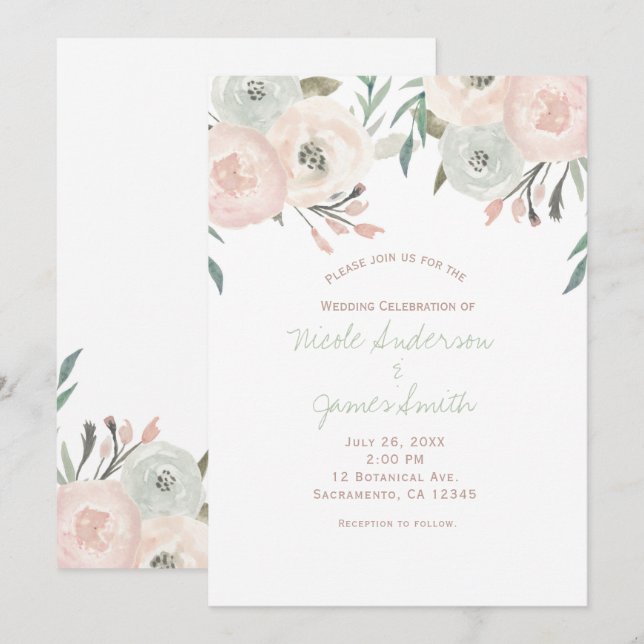 Invitación Boda floral moderna verde menta salvia rosa (Anverso / Reverso)