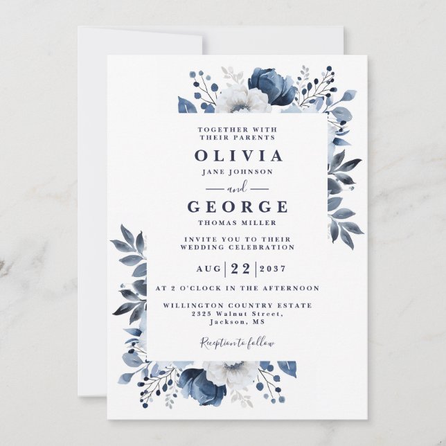 Invitación Boda Floral Moderno Azul Y Blanco De La Marina (Anverso)