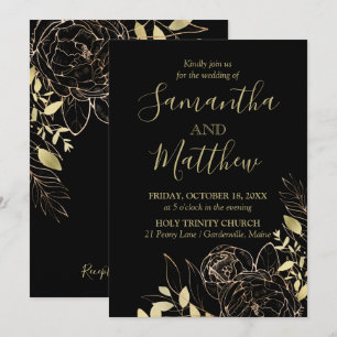 Invitación Boda floral moderno clásico de color negro y oro