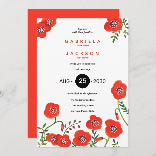 Invitación boda floral moderno de adornos rojos (Anverso / Reverso)