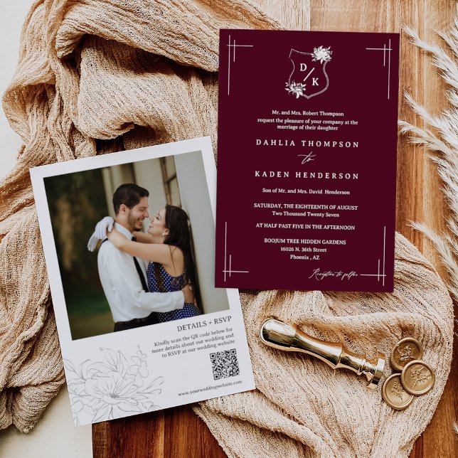 Invitación Boda floral moderno de Borgoña Escudo de código QR (Subido por el creador)