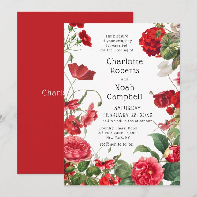 Invitación Boda floral moderno de flor de camellia roja (Anverso / Reverso)