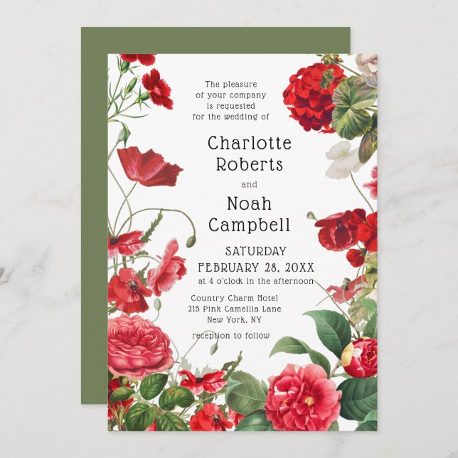 Invitación Boda floral moderno de flor de camellia roja (Anverso / Reverso)