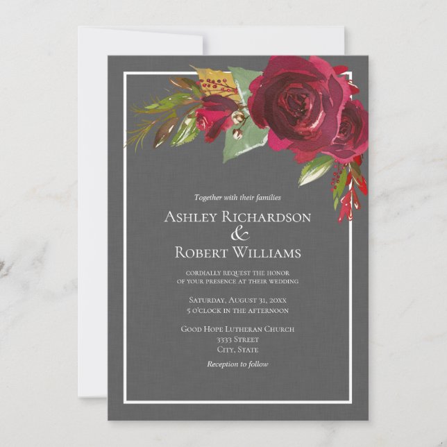 Invitación Boda floral moderno de lino gris oscuro de Borgoña (Anverso)