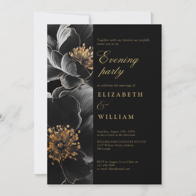 Invitación Boda floral moderno de oro negro Fiesta nocturno (Anverso)