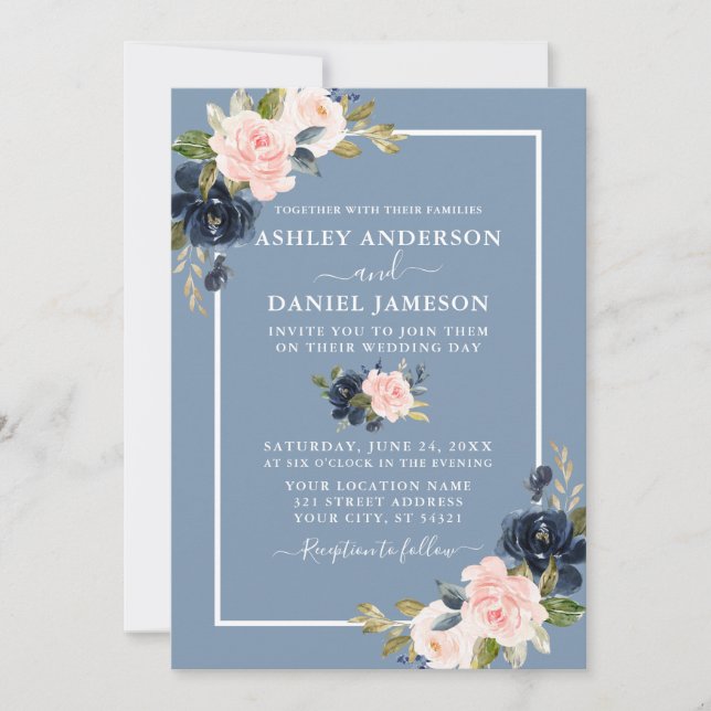 Invitación Boda floral moderno de Rubor rosa azul turbio (Anverso)