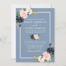 Invitación Boda floral moderno de Rubor rosa azul turbio