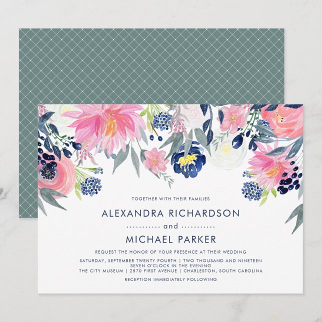Invitación Boda floral moderno de Rubor y Marina | Versión do (Anverso / Reverso)