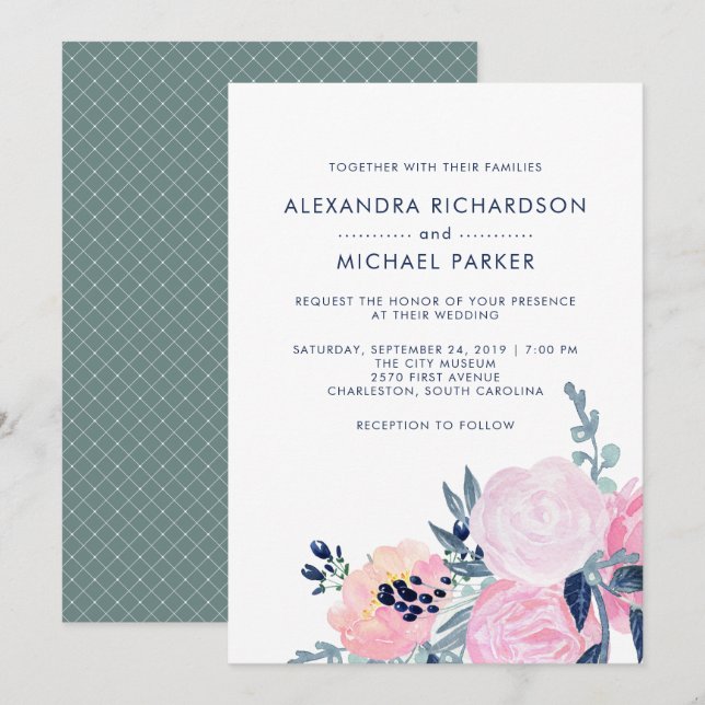 Invitación Boda floral moderno de Rubor y Marina | Vertical (Anverso / Reverso)