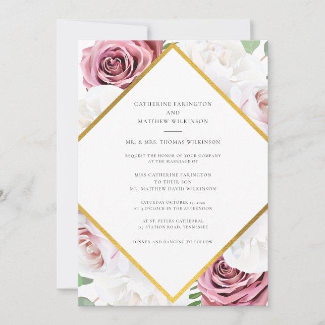 Invitación Boda floral moderno de sangre rosa (Anverso)