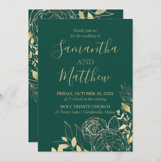 Invitación Boda floral moderno Emerald Green & Gold Peony (Anverso / Reverso)