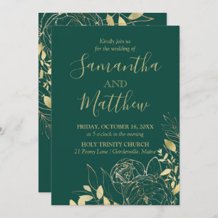 Invitación Boda floral moderno Emerald Green & Gold Peony