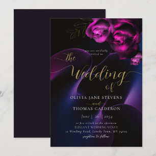Invitación Boda floral moderno morado negro morado brillante