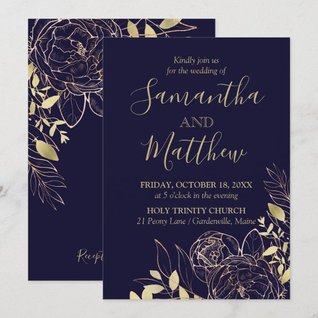 Invitación Boda floral moderno Navy Blue & Gold Peony (Anverso / Reverso)
