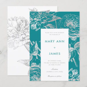 Invitación Boda floral moderno plateado simple Verde azulado