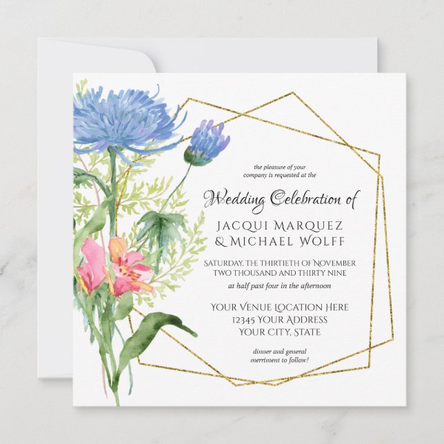 Invitación Boda floral moderno rosa Rubor azul cielo (Anverso)