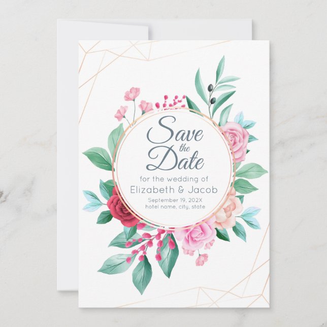 Invitación Boda floral moderno rosas rosadas y eucalipto (Anverso)