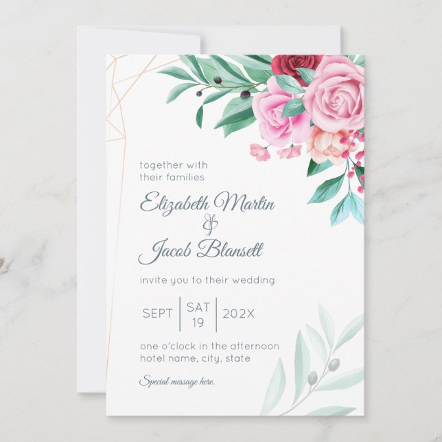 Invitación Boda floral moderno rosas rosadas y eucalipto (Anverso)