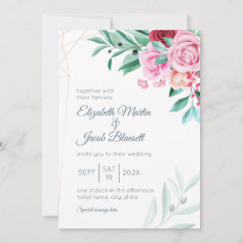 Invitación Boda floral moderno rosas rosadas y eucalipto