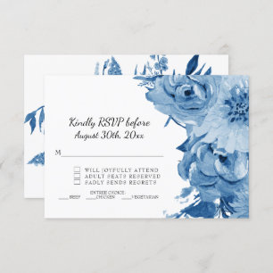 Invitación Boda floral moderno RSVP azul y color blanco
