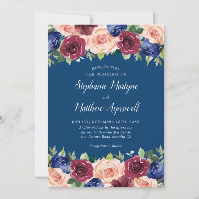 Invitación Boda floral moderno Rubor de Marina Blue Burgundy (Anverso)