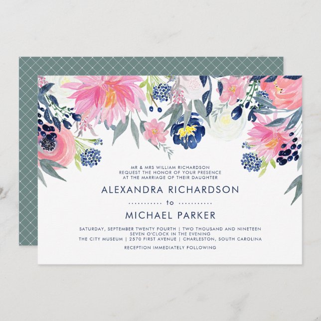 Invitación Boda floral moderno Rubor rosa y naval (Anverso / Reverso)