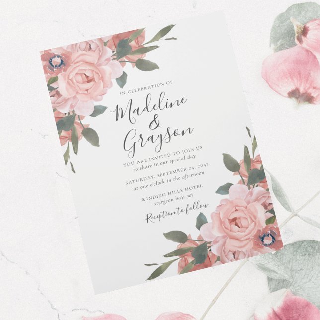 Invitación Boda floral moderno Rubor Roses rosados (Subido por el creador)