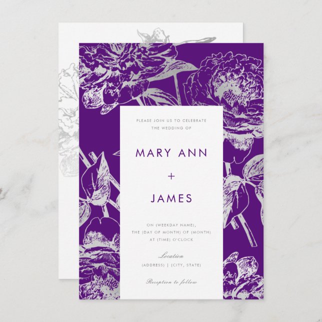 Invitación Boda floral moderno simple morado plateado (Anverso / Reverso)