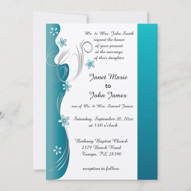 Invitación Boda floral moderno | Turquesa y plata (Anverso)