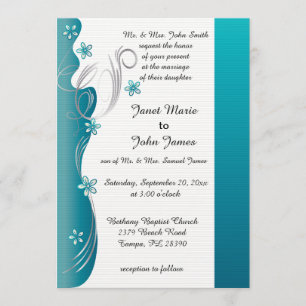 Invitación Boda floral moderno   Turquesa y plata